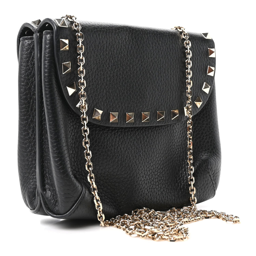 Pebbled Calfskin Rockstud Double Pocket Chain Crossbody Black