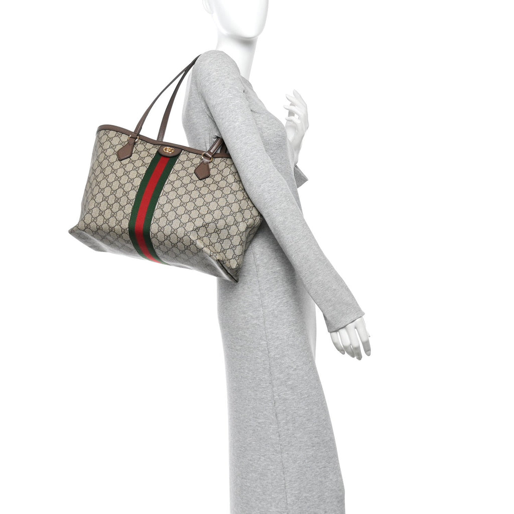 GG Supreme Monogram Textured Calfskin Web Medium Ophidia Shopping Tote Beige Ebony New Acero