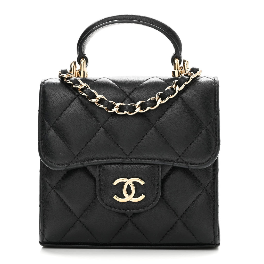 Lambskin Quilted Top Handle Flap Clutch With Chain Black
