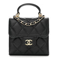 Lambskin Quilted Top Handle Flap Clutch With Chain Black