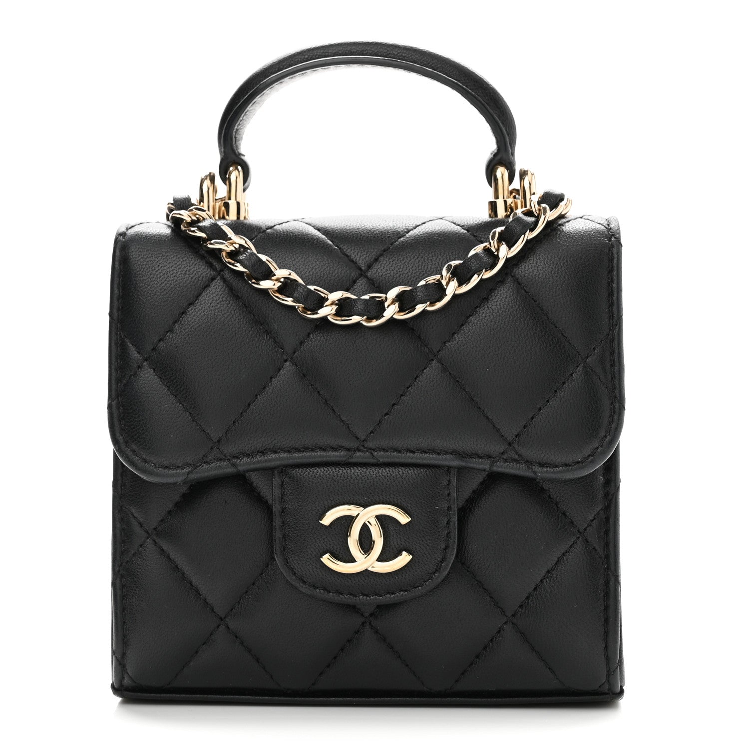 Lambskin Quilted Top Handle Flap Clutch With Chain Black