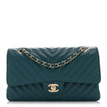 Caviar Chevron Quilted Medium Double Flap  Green