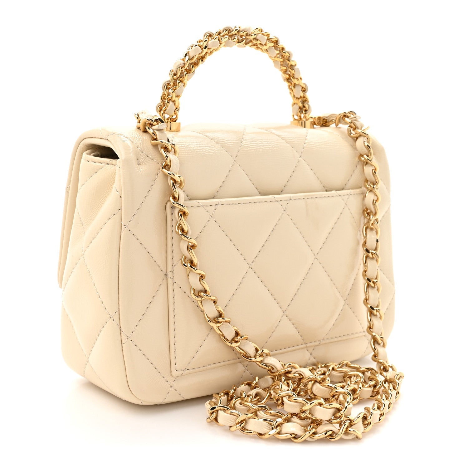 Shiny Lambskin Quilted Golden Links Top Handle Flap White