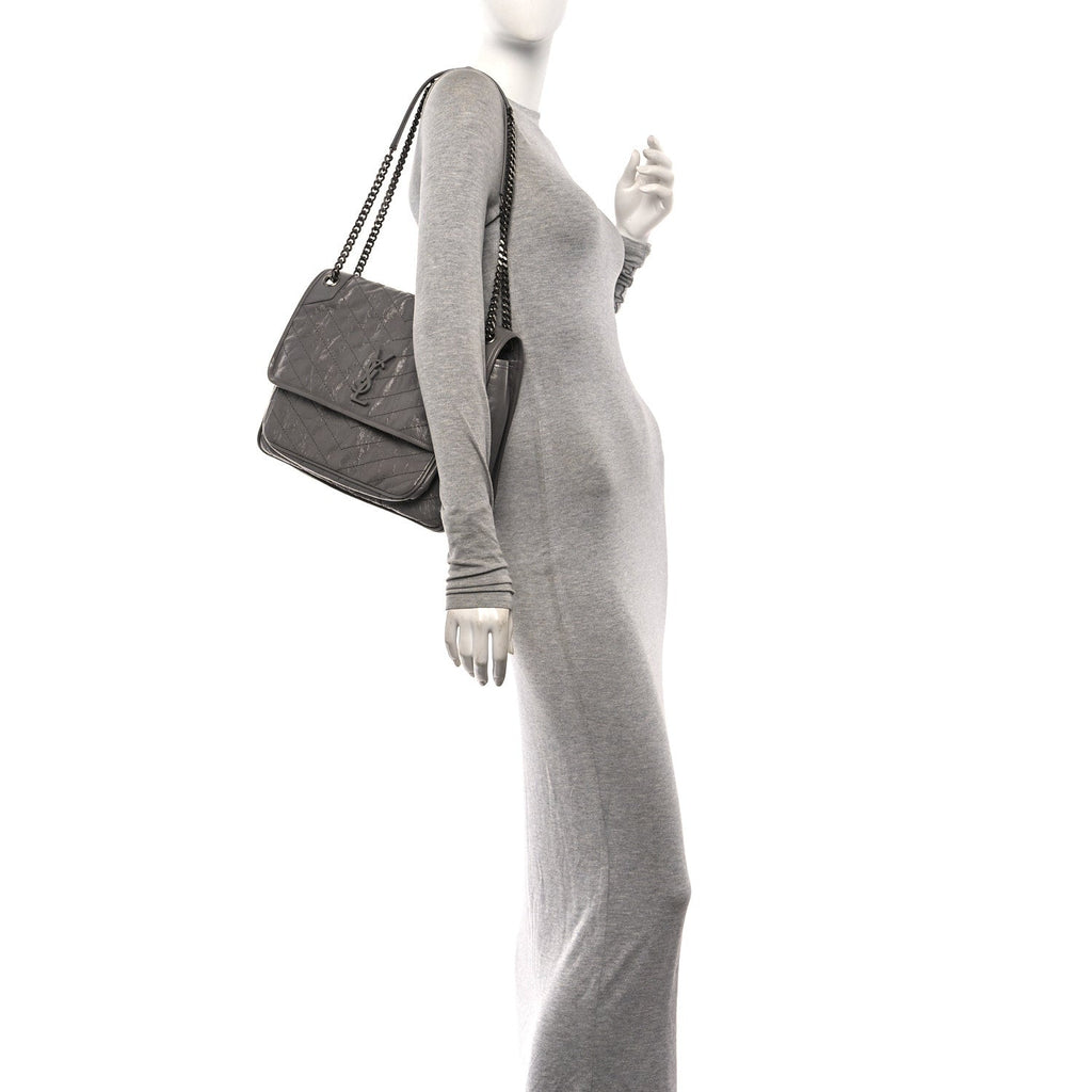 Crinkled Calfskin Matelasse Monogram Large Niki Chain Satchel Fog