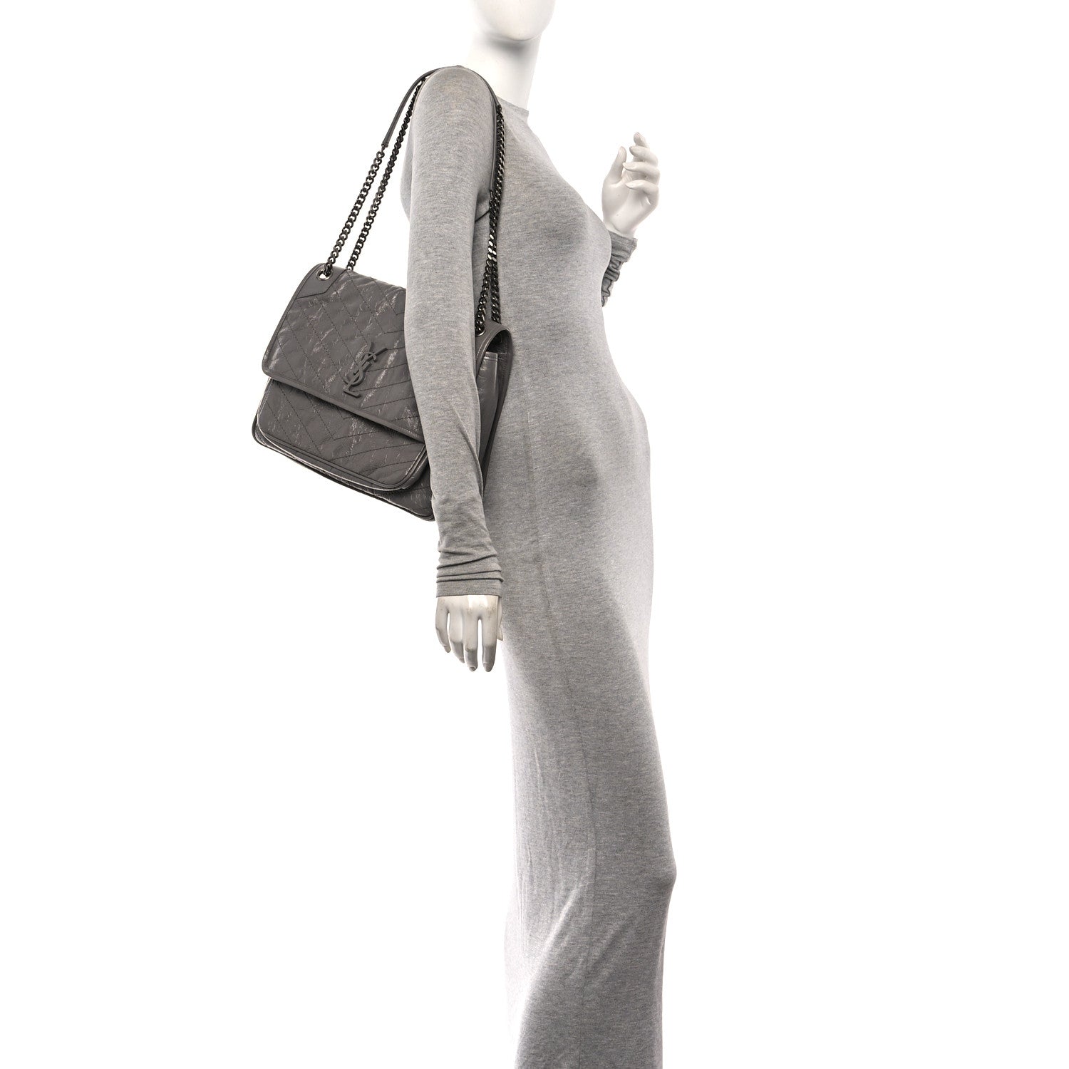 Crinkled Calfskin Matelasse Monogram Large Niki Chain Satchel Fog