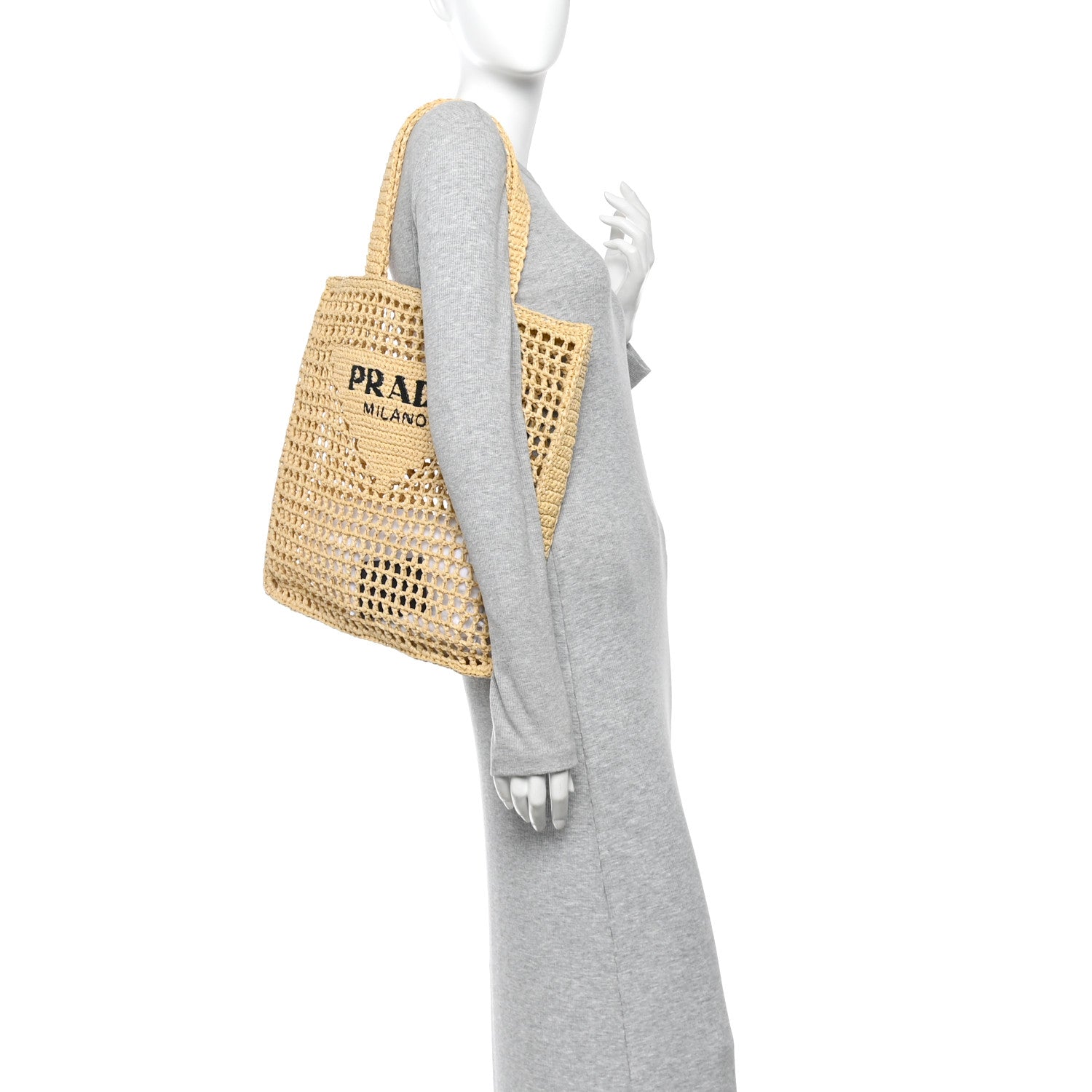 Yarn Raffia Effect Crochet Logo Embroidered Tote Bag Naturale