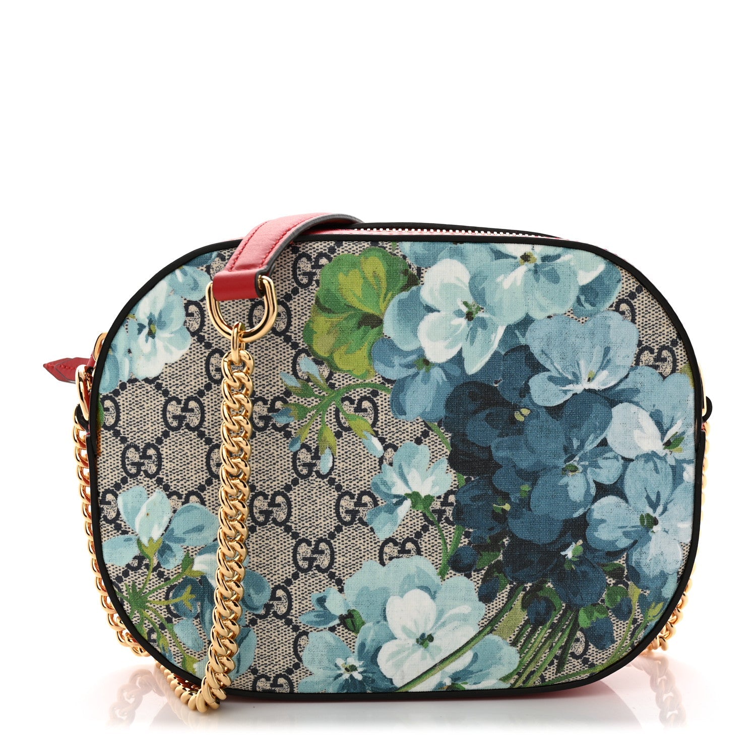GG Supreme Monogram Blooms Small Chain Shoulder Bag Beige Blue Navy Hibiscus Red