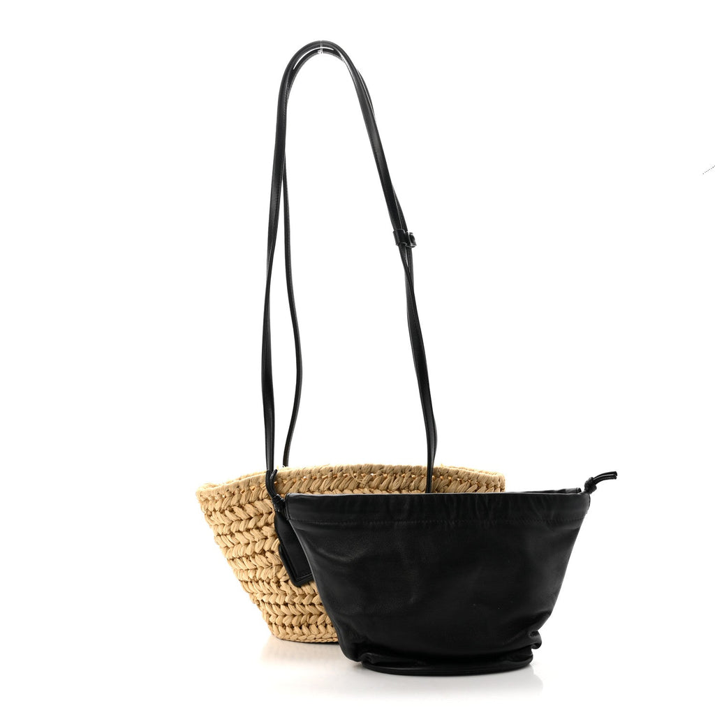 Raffia Calfskin Small Arco Basket Black
