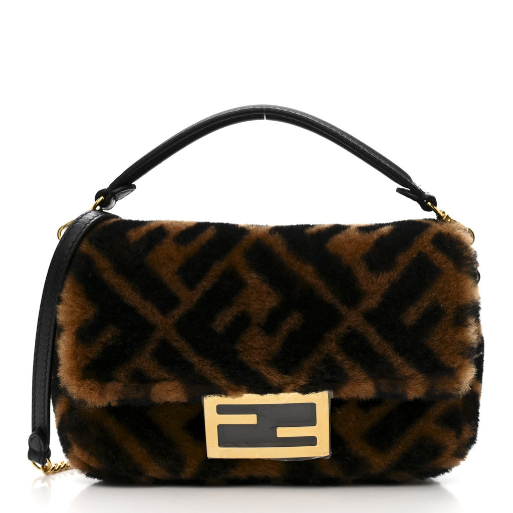 Shearling Vitello Dolce Macro FF 1974 Mini Baguette Tobacco Black