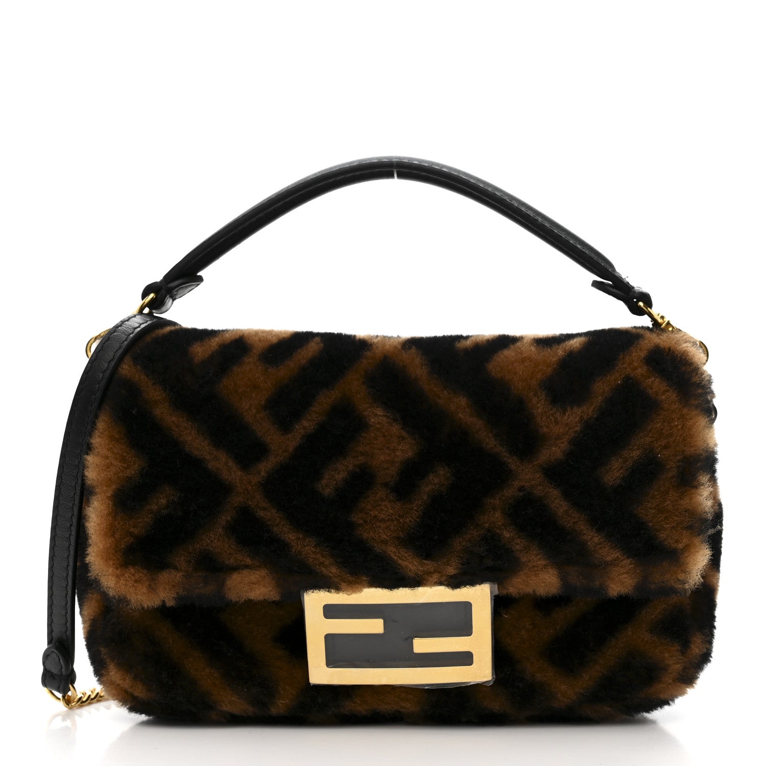 Shearling Vitello Dolce Macro FF 1974 Mini Baguette Tobacco Black