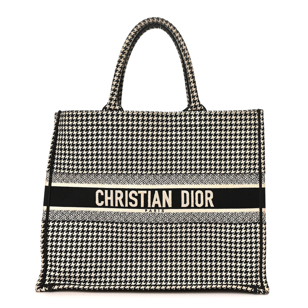 Canvas Houndstooth Embroidered Large Book Tote Black White
