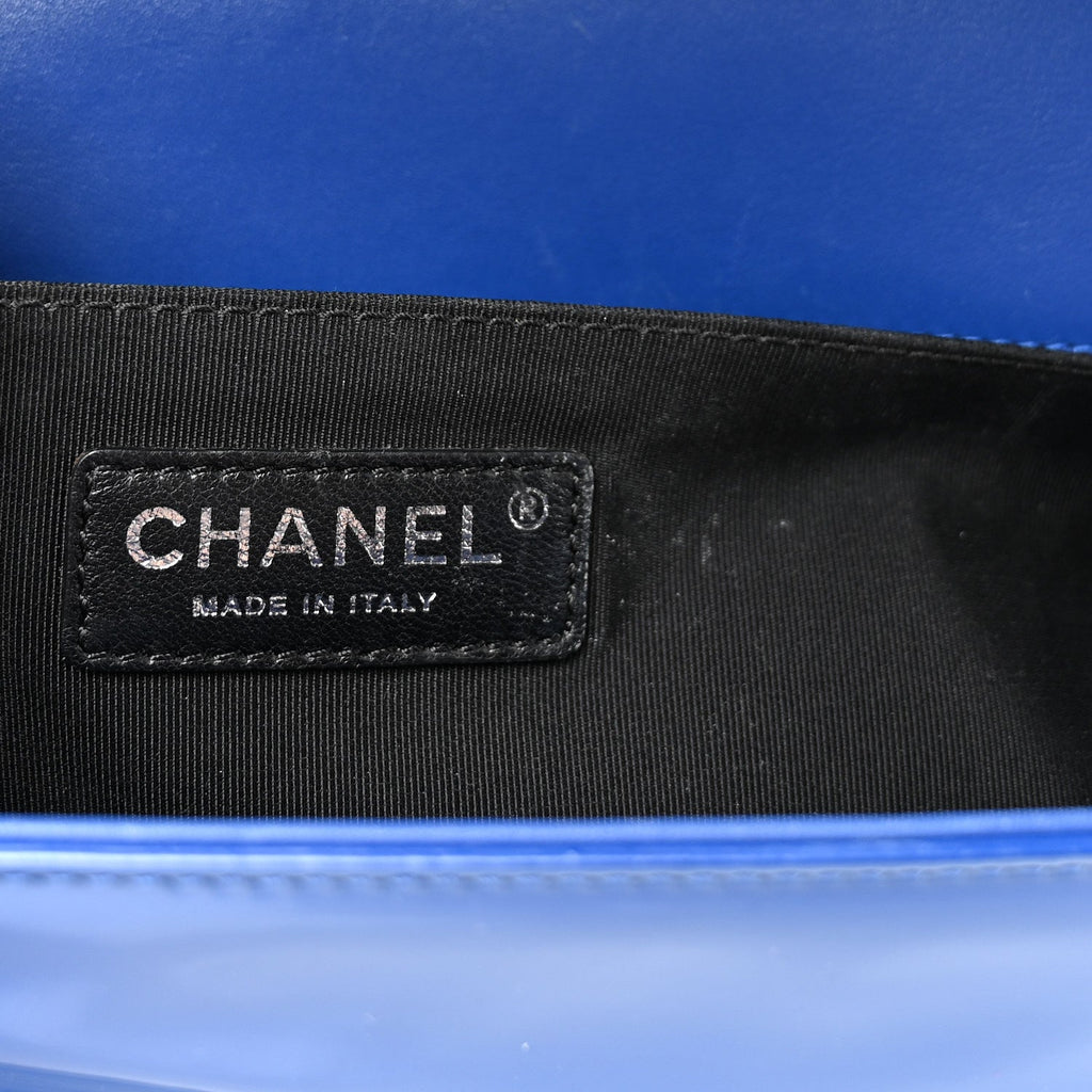 Patent Calfskin Quilted Medium Plexiglass Boy Flap Blue