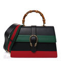 Calfskin Bamboo Web Large Dionysus Top Handle Bag Black Bright Evergreen Hibiscus Red
