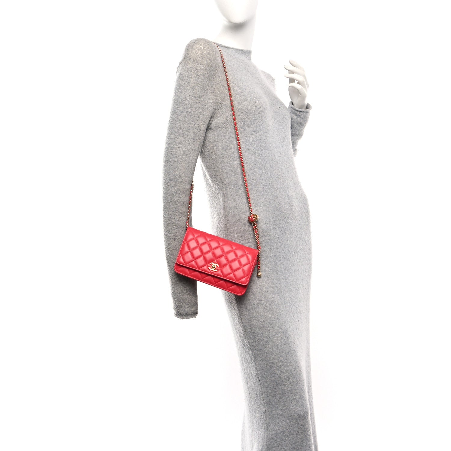Lambskin Quilted CC Pearl Crush Wallet On Chain WOC  Red