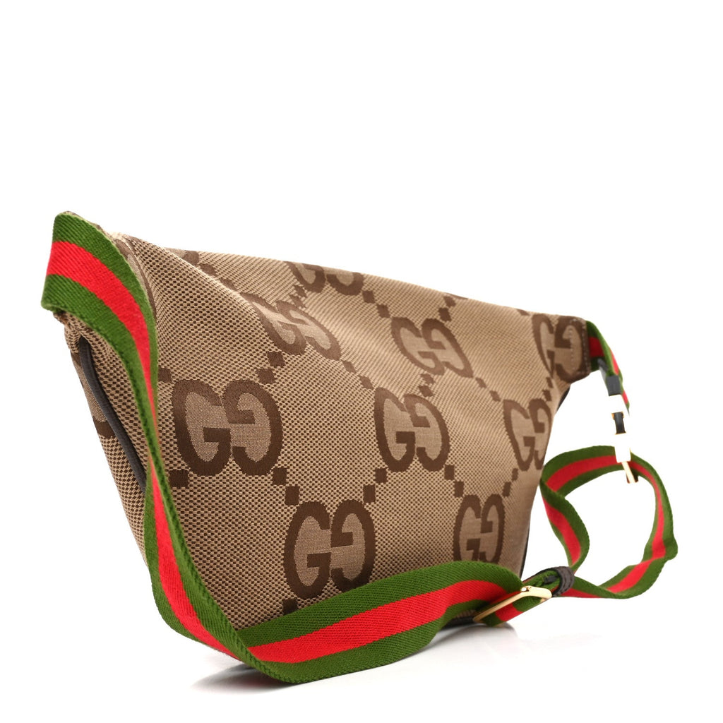 Monogram Jumbo GG Textured Dollar Calfskin Web Belt Bag Camel Ebony New Acero