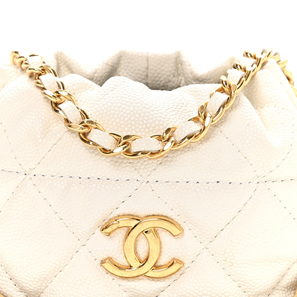 Caviar Quilted Coco First Bucket Clutch With Chain White