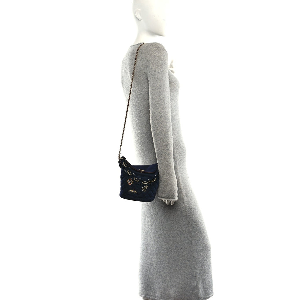 Wool Lambskin Quilted Paris Hamburg Charms Bucket Bag Dark Navy