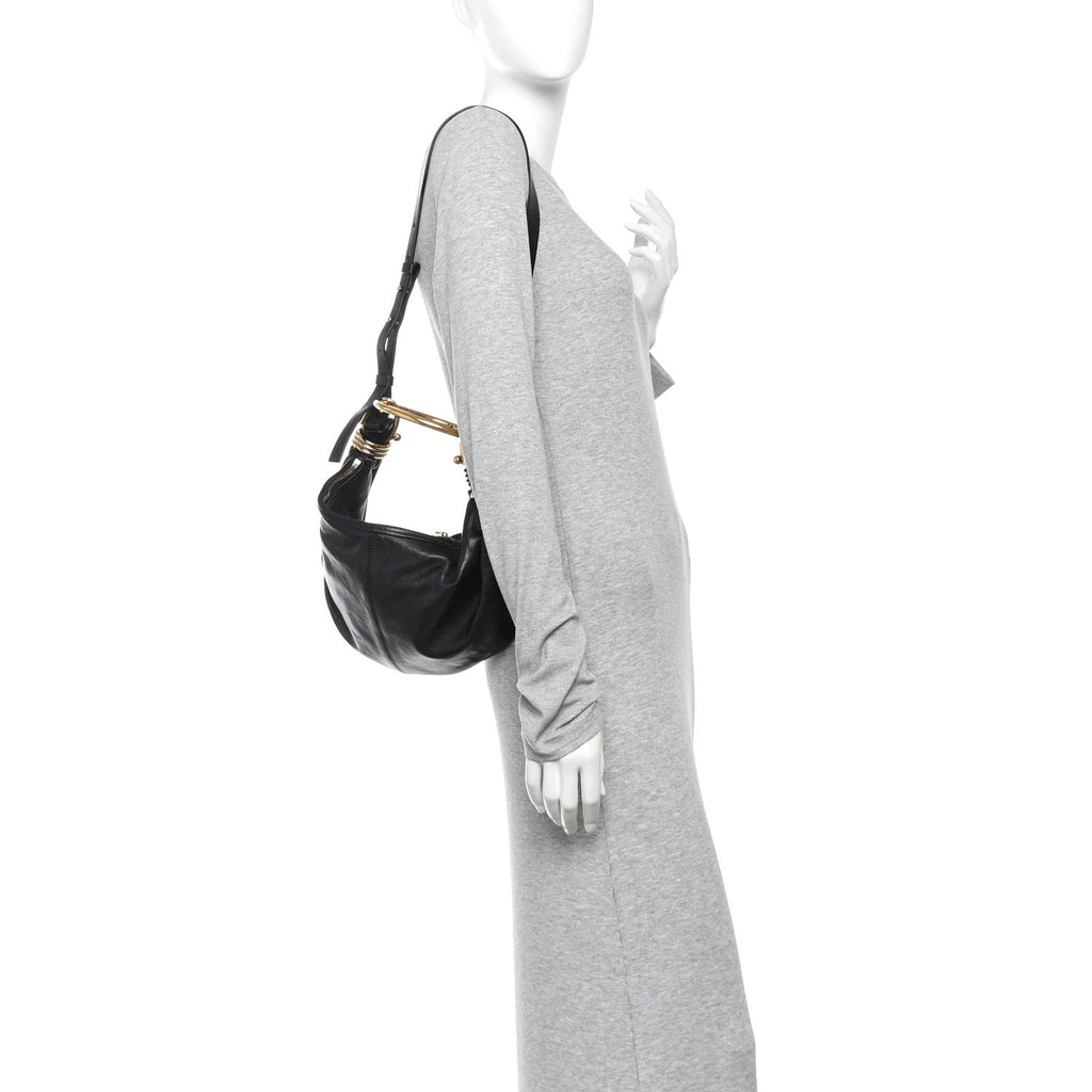 Grained Calfskin Small Bracelet Hobo Bag Black