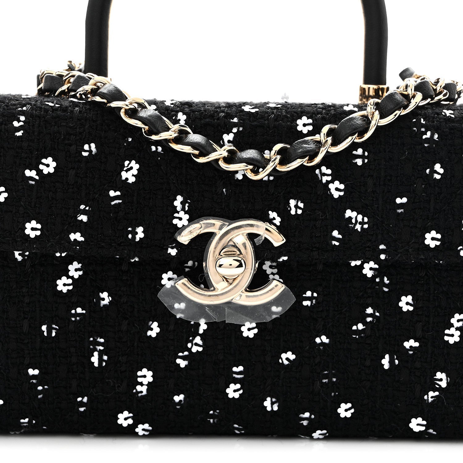 Tweed Sequin Quilted Top Handle Box Bag Black