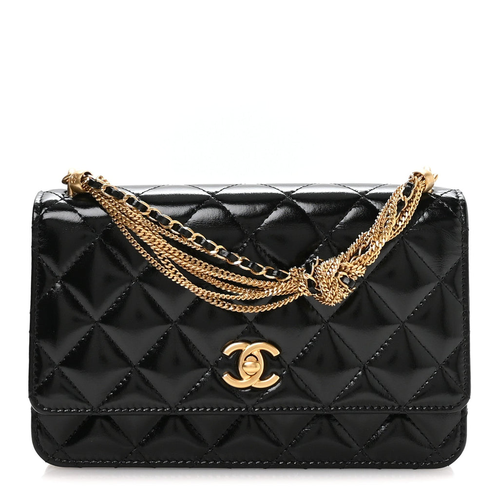 Shiny Crumpled Calfskin Quilted Precious Tie Wallet On Chain WOC Black