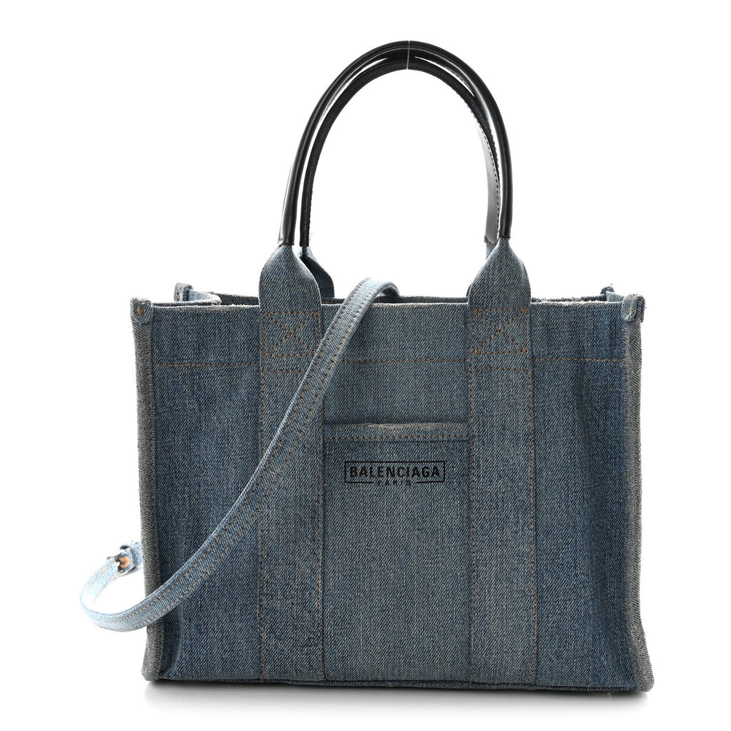 Washed Frayed Denim Logo Small Hardware Tote Blue