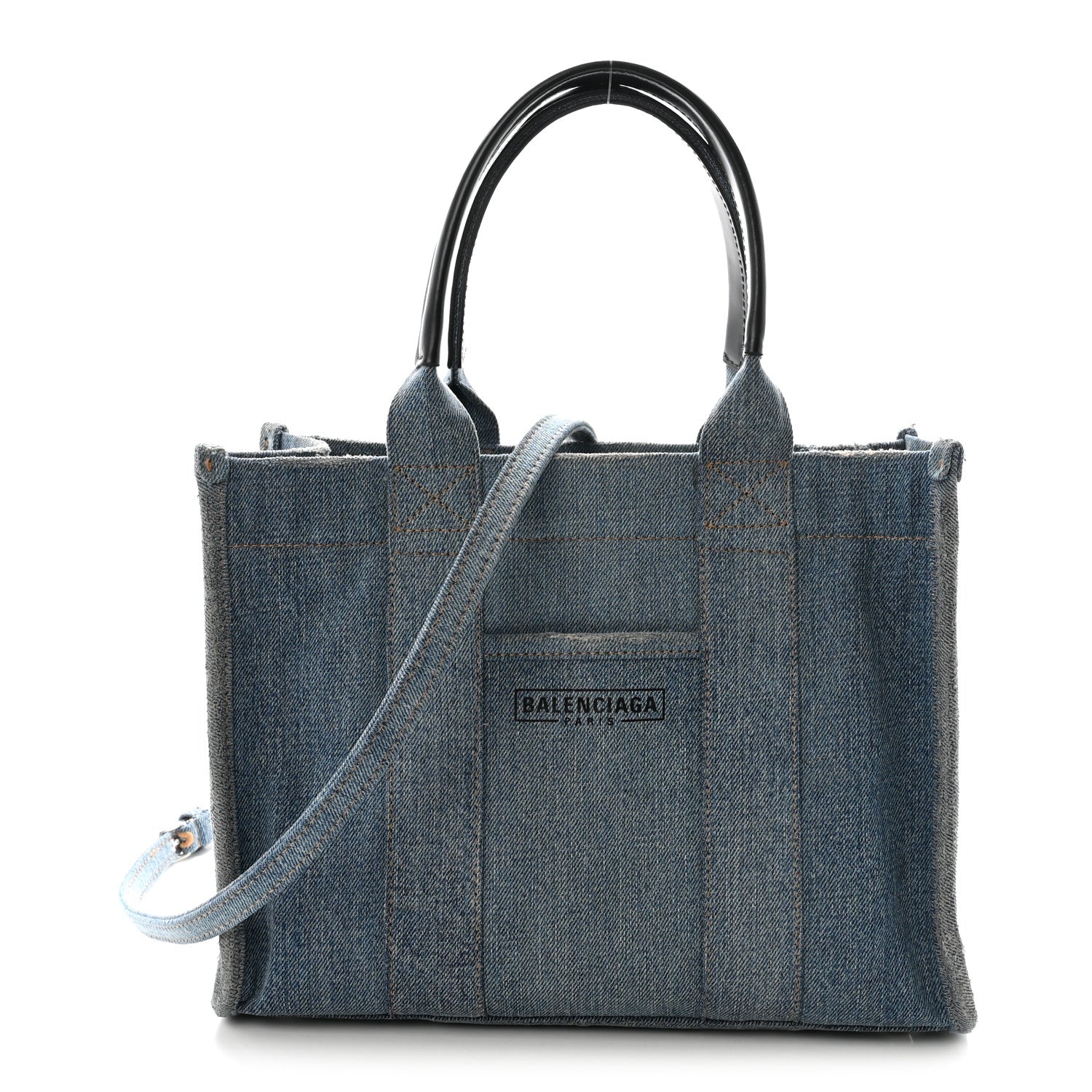 Washed Frayed Denim Logo Small Hardware Tote Blue