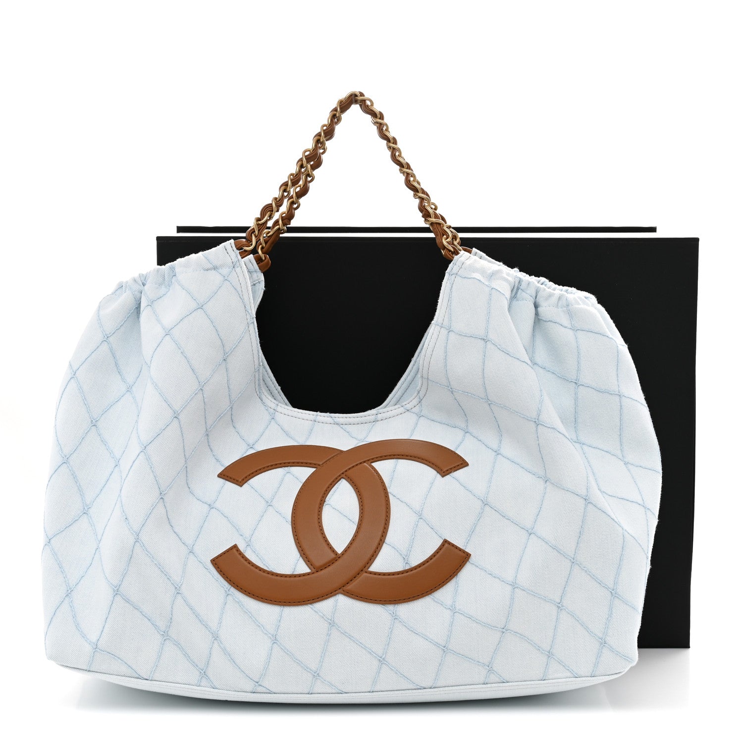 Denim Calfskin Quilted Coco Beach Small Shopping Tote Light Blue Brown