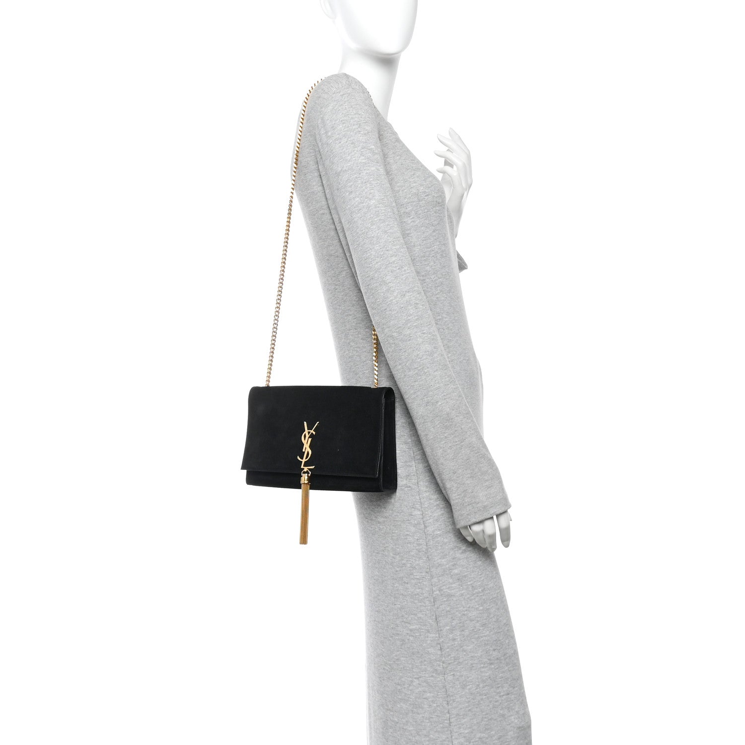 Suede Medium Classic Monogram Kate Tassel Satchel Black