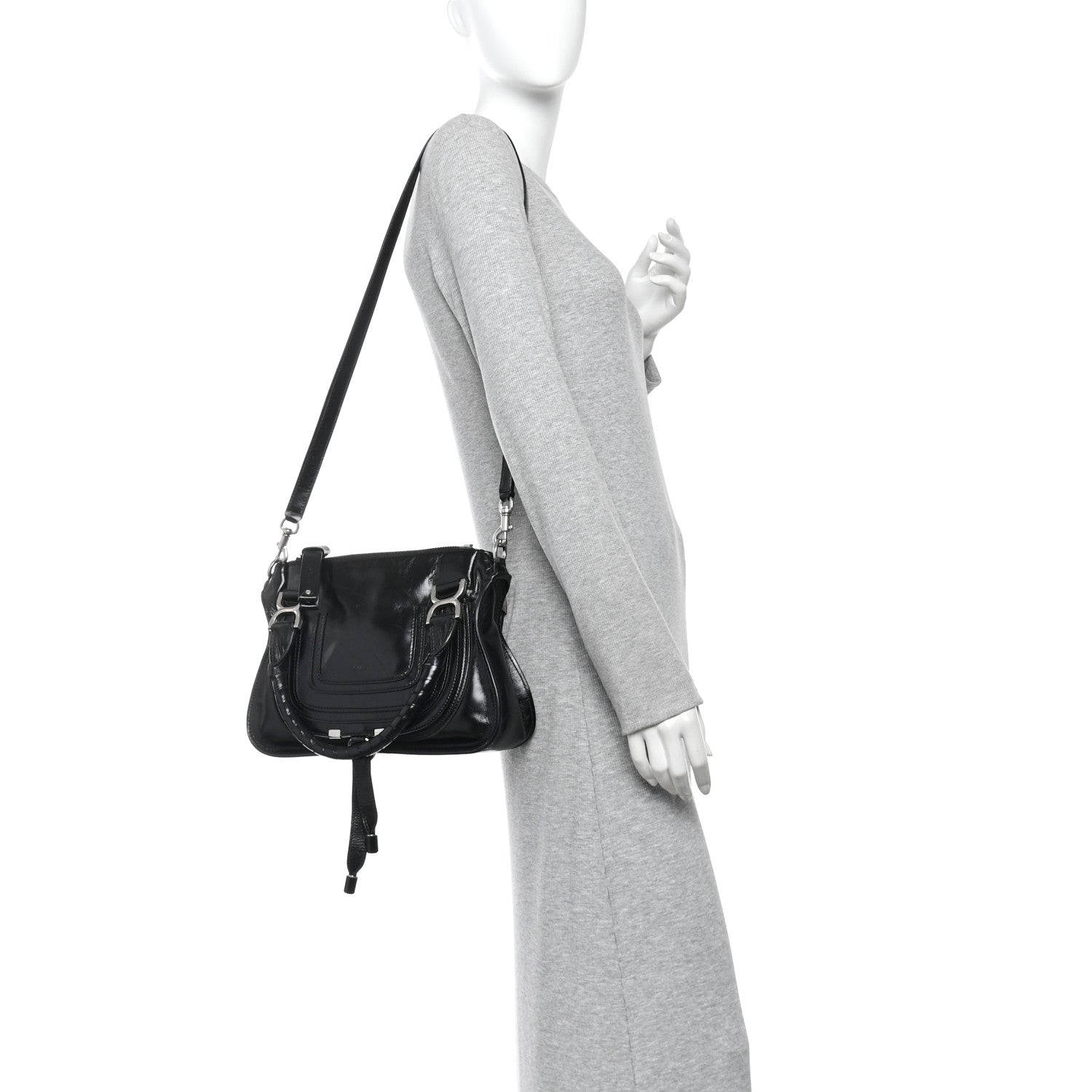 Shiny Grained Calfskin Small Marcie Bag Black