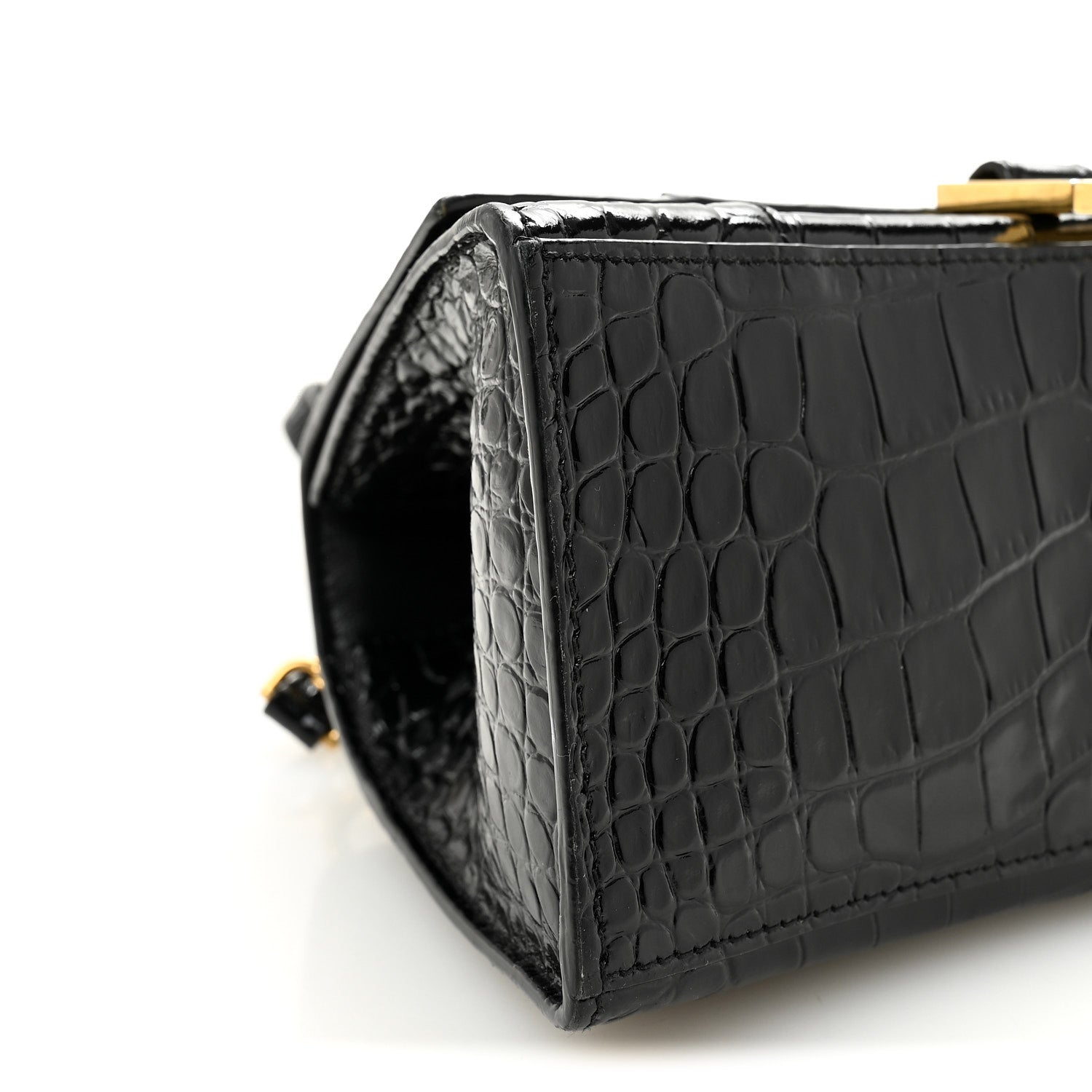 Shiny Calfskin Crocodile Embossed Small Hourglass Top Handle Bag Black