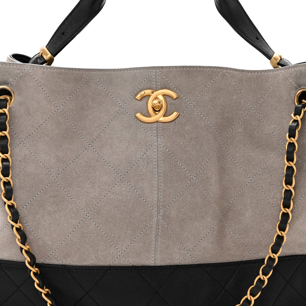 Suede Calfskin Shiny Lambskin Quilted Large Coco Base Shopping Bag Grey Black