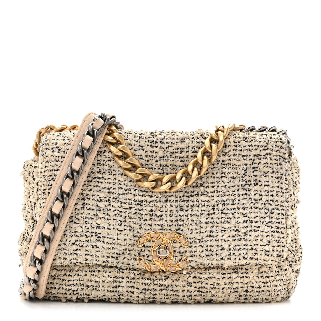 Tweed Quilted Medium Chanel 19 Flap Ecru Black