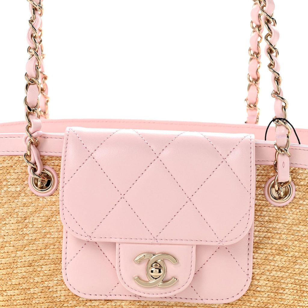Raffia Braided Lambskin Small Wicker Tote Beige Light Pink