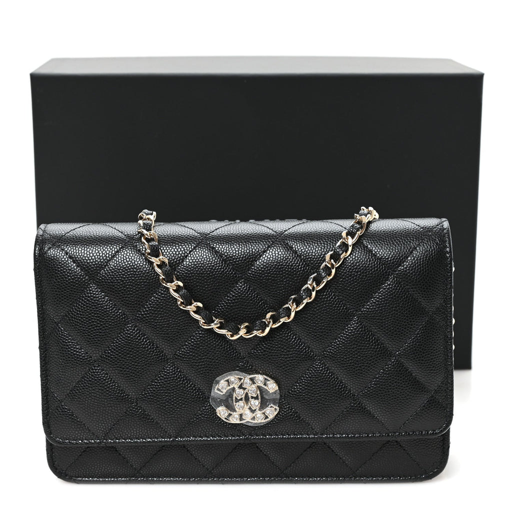 Caviar Quilted Crystal Heart CC Wallet On Chain WOC Black