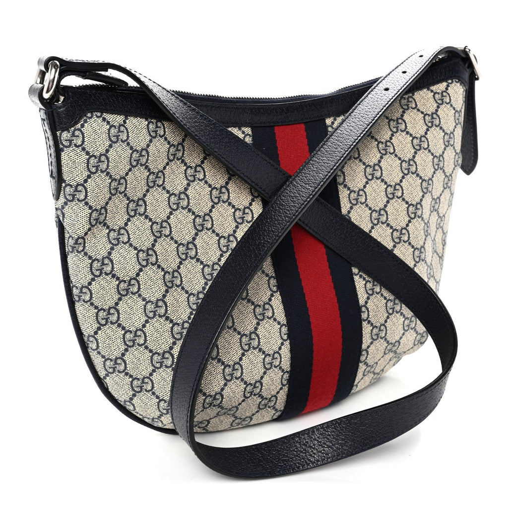 GG Supreme Monogram Textured Dollar Calfskin Web Small Ophidia Half Moon Hobo Beige Blue