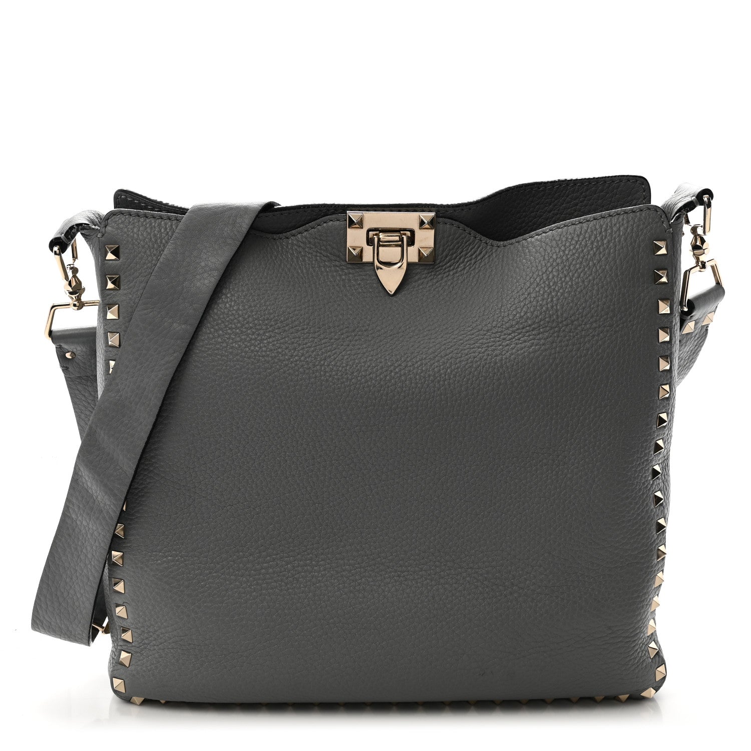 Pebbled Calfskin Small Rockstud Flip-Lock Messenger Bag Light Stone