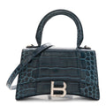Shiny Calfskin Crocodile Embossed Hourglass Top Handle Bag XS Denim Blue