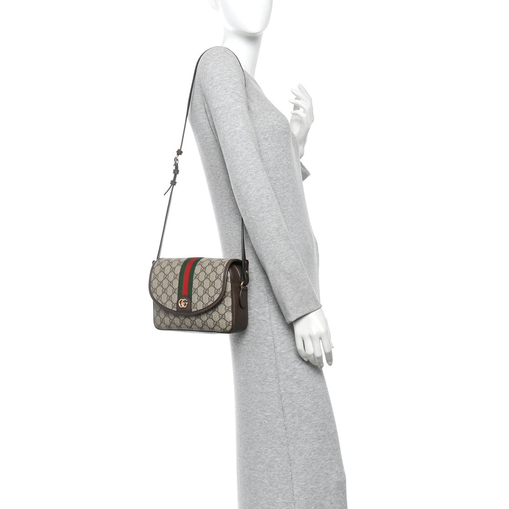 GG Supreme Monogram Textured Dollar Calfskin Web Studded Mini Ophidia Flap Shoulder Bag Beige Ebony New Acero
