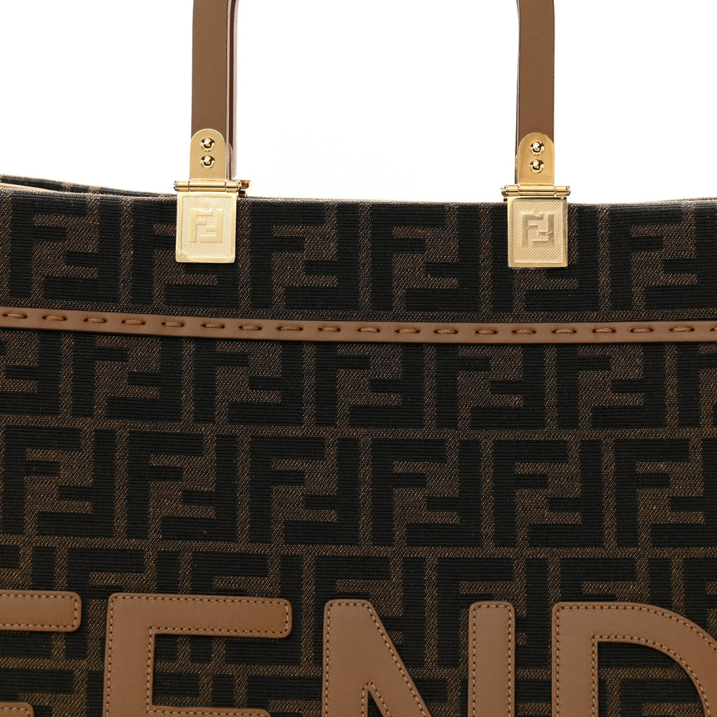 Fabric Jacquard FF 1974 Logo Large Fendi Sunshine Shopper Tote Tobacco Moro Sand