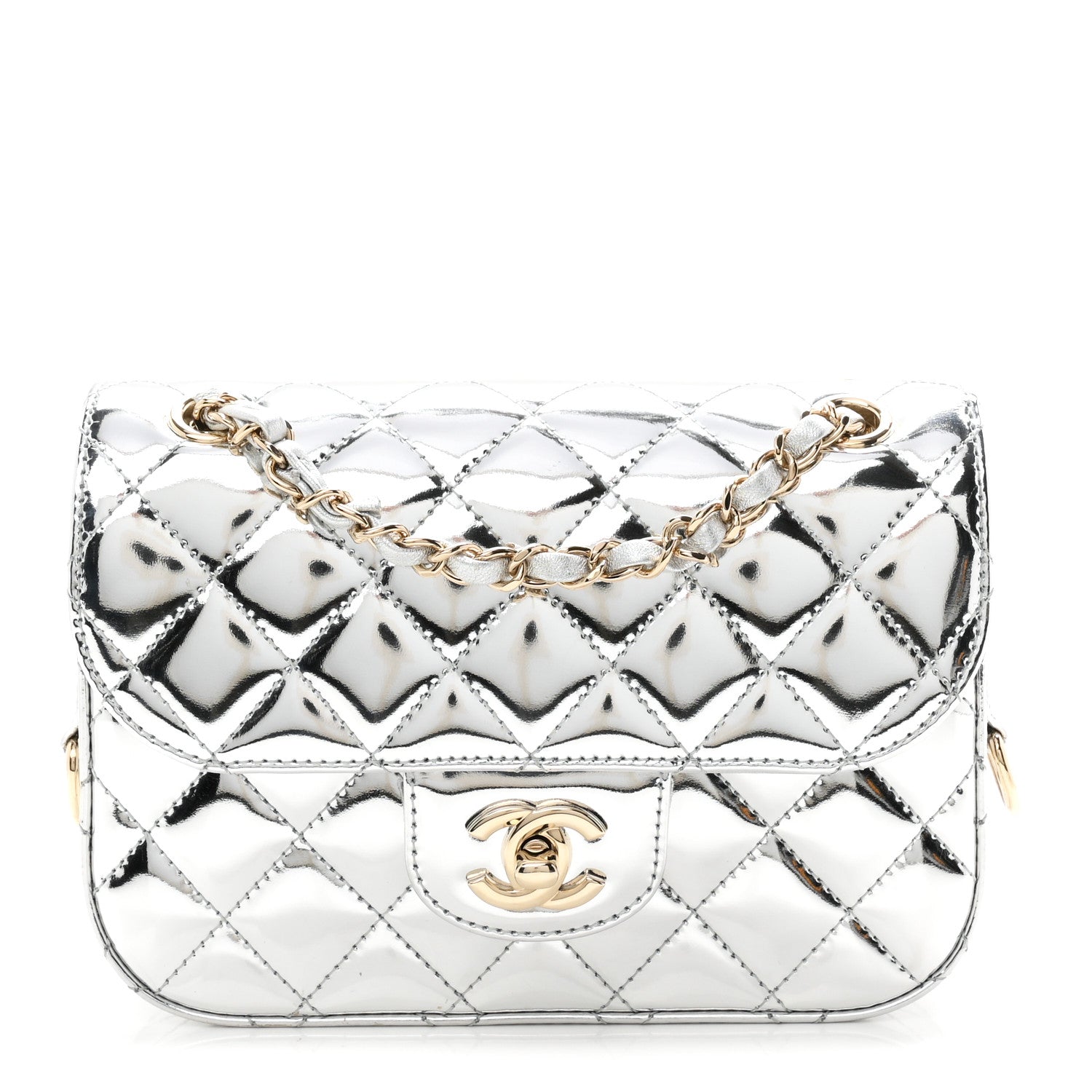 Mirror Calfskin Metallic Calfskin Quilted Hollywood Boulevard Mini Flap With Star Coin Purse Silver