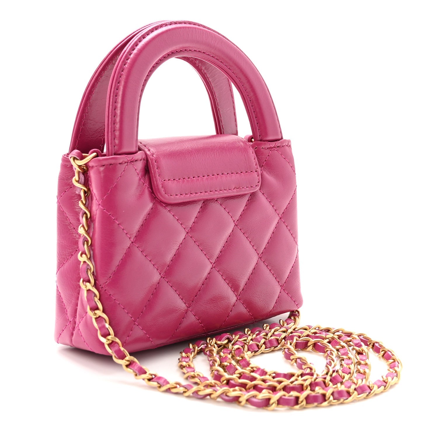 Shiny Aged Calfskin Quilted Mini Nano Kelly Shopper Dark Pink
