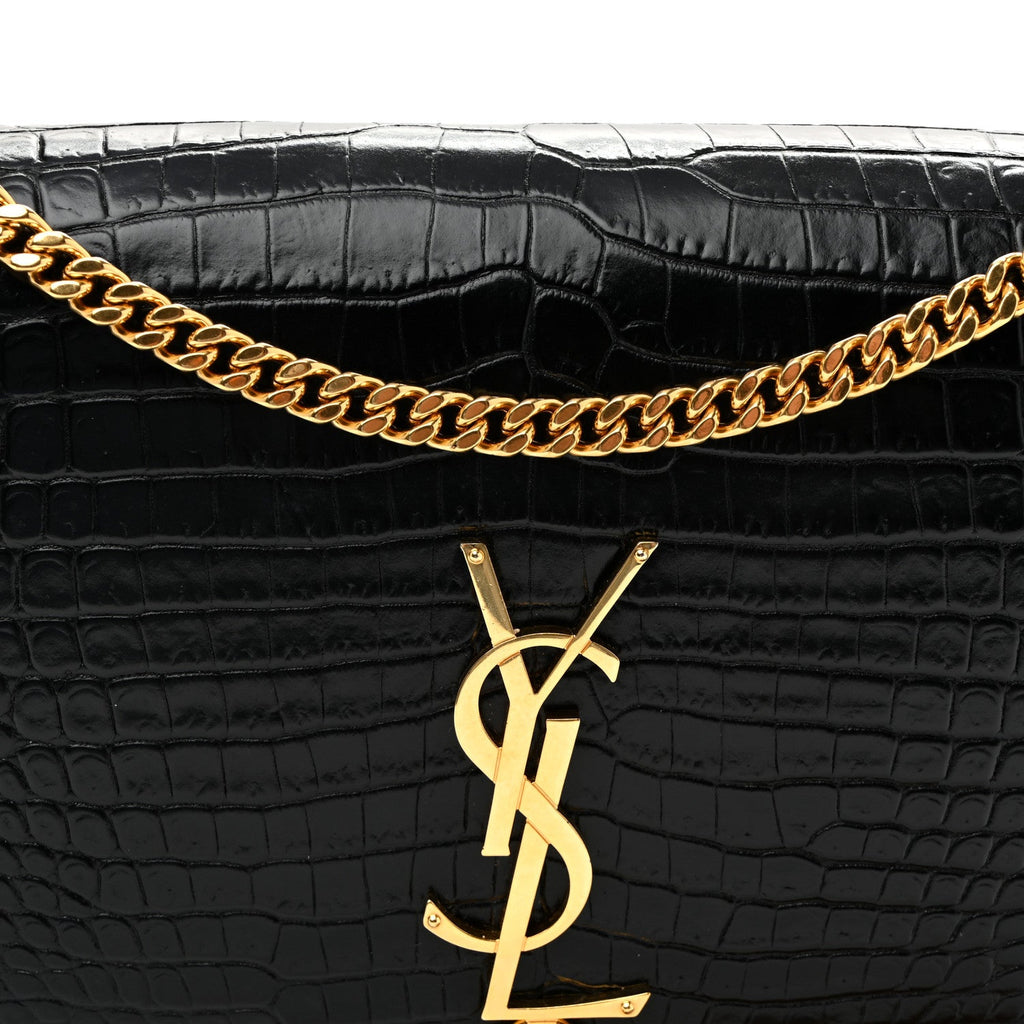 Calfskin Crocodile Embossed Medium Classic Monogram Kate Tassel Satchel Black Black