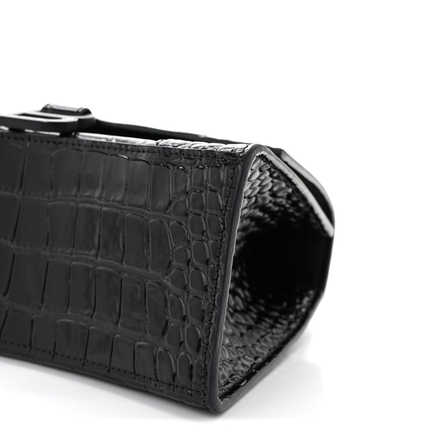 Shiny Calfskin Monochrome Crocodile Embossed Small Hourglass Top Handle Bag Black