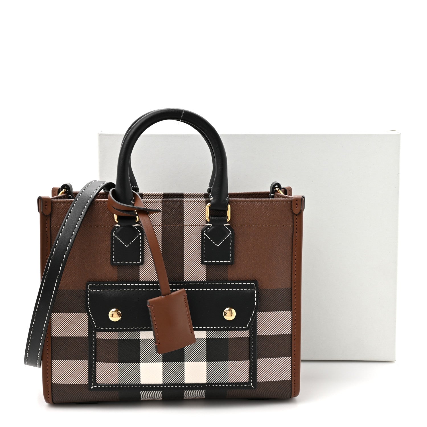 E-Canvas Check Calfskin Mini Freya Tote Dark Birch Brown