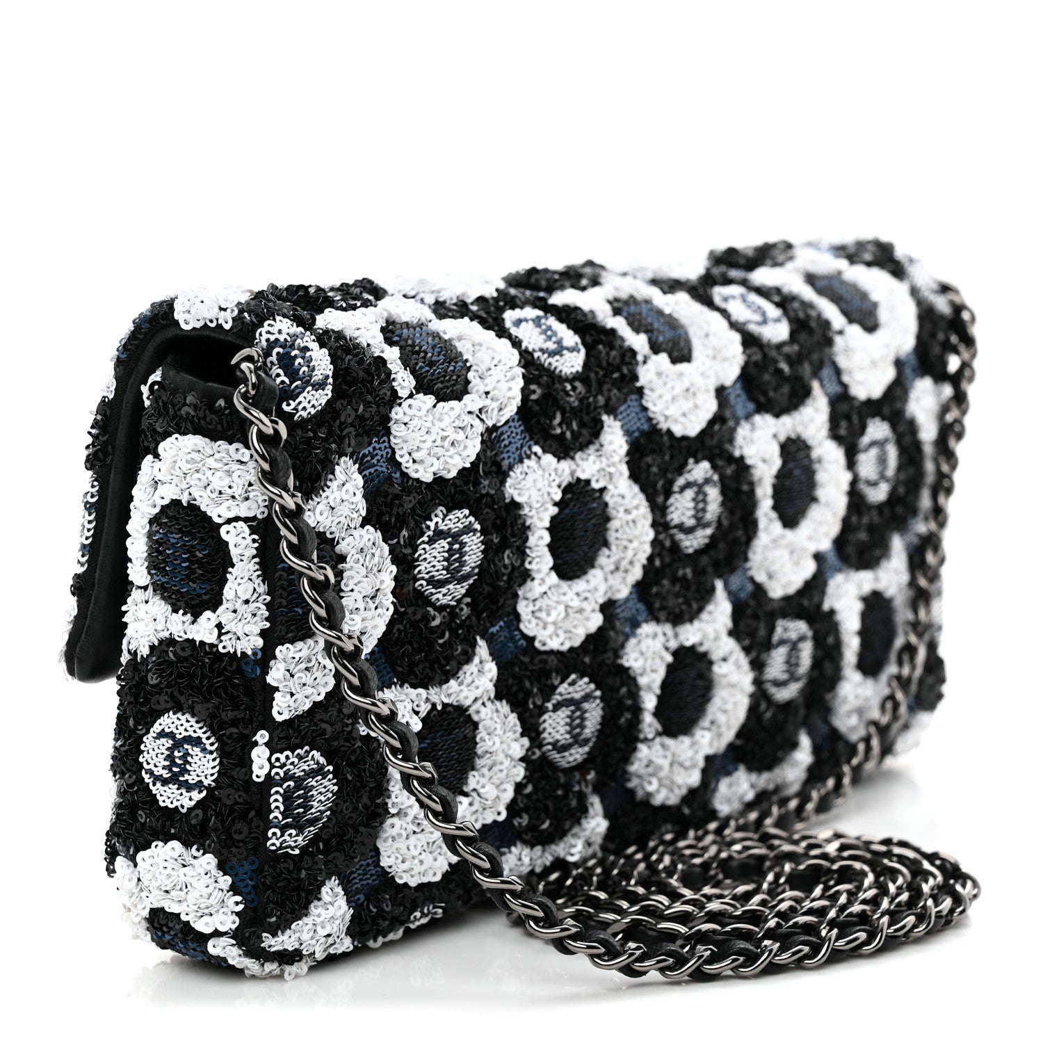 Satin Sequin Embellished Flower East West Flap Black White Blue