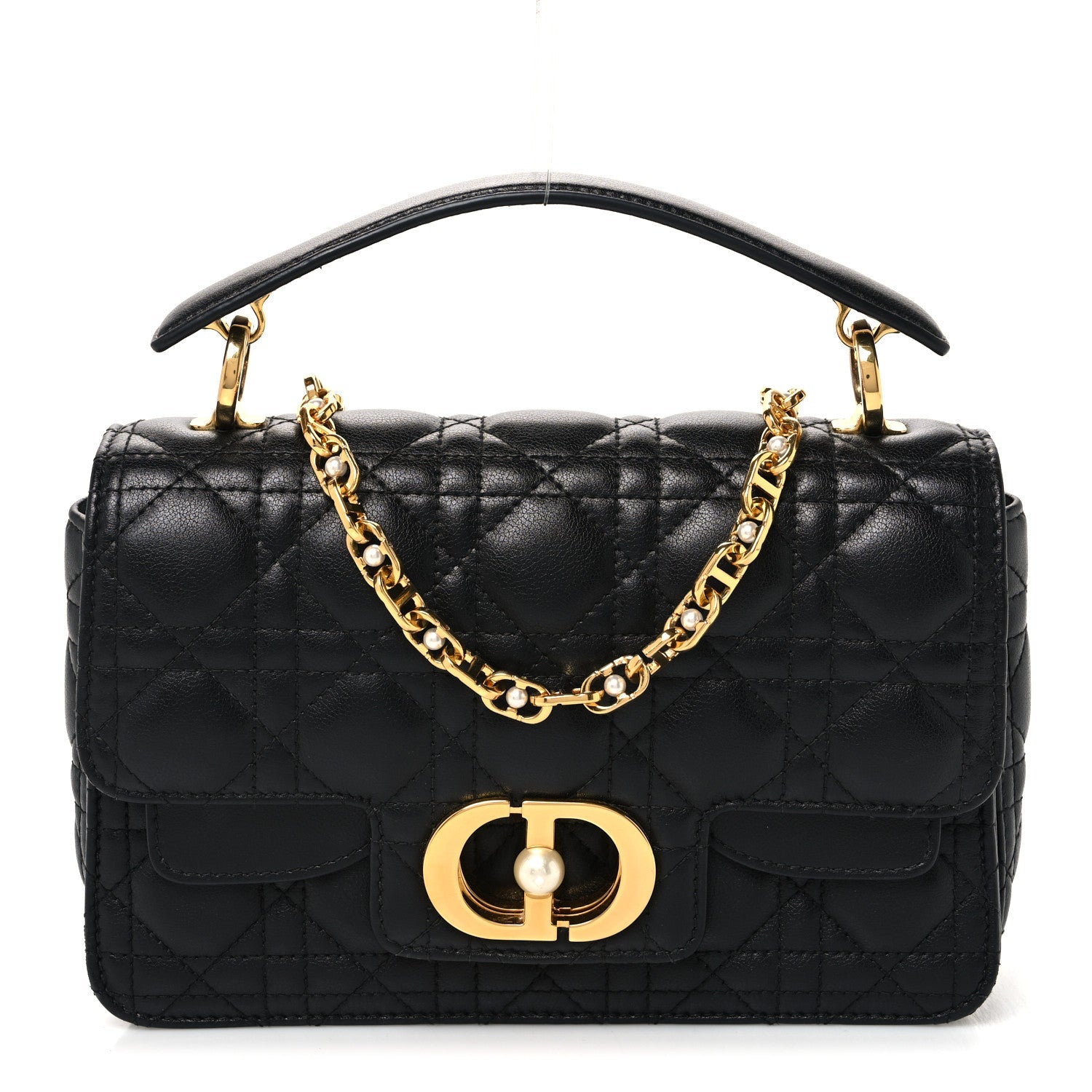 Calfskin Cannage Small Dior Jolie Top Handle Black