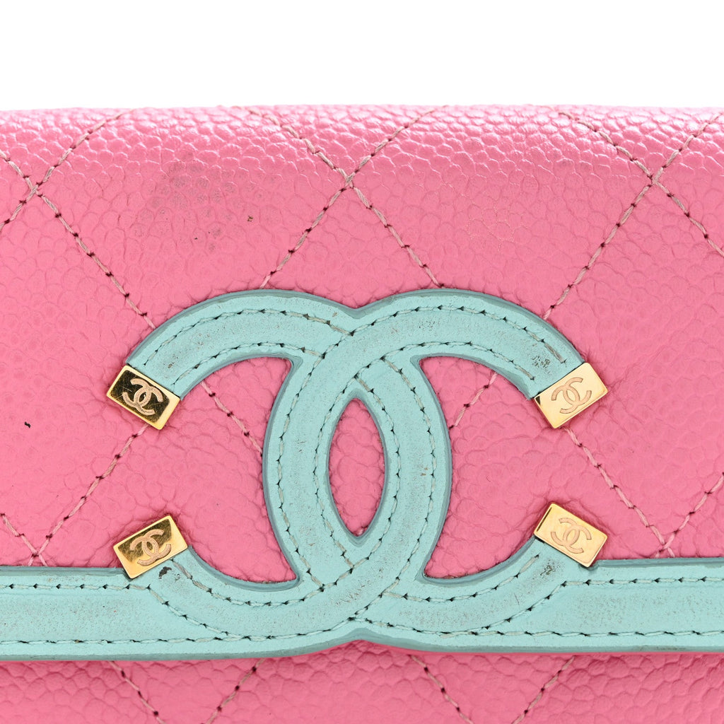 Caviar Quilted Filigree Flap Card Holder Pink Blue Green