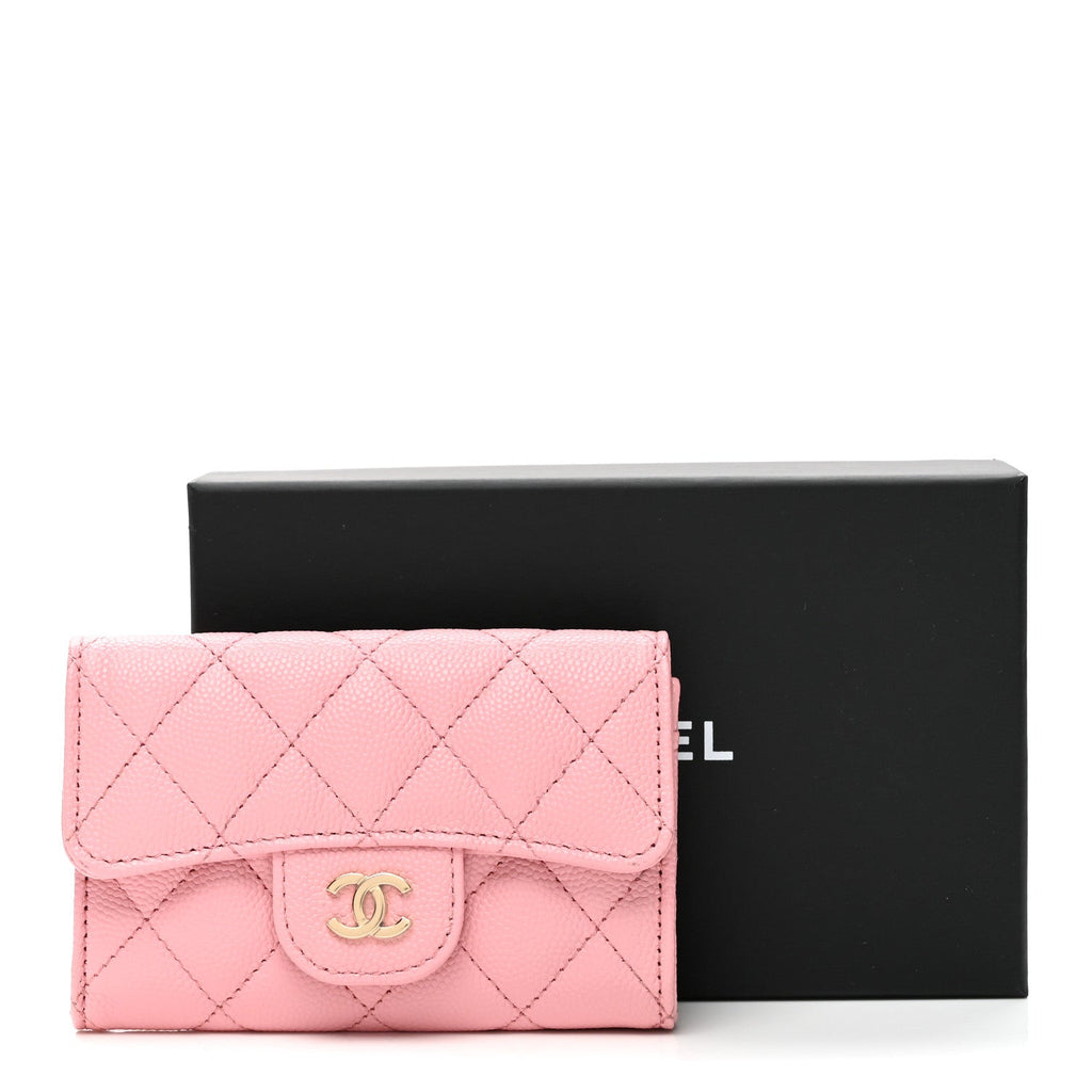 Caviar Quilted Flap Card Holder Wallet Pink