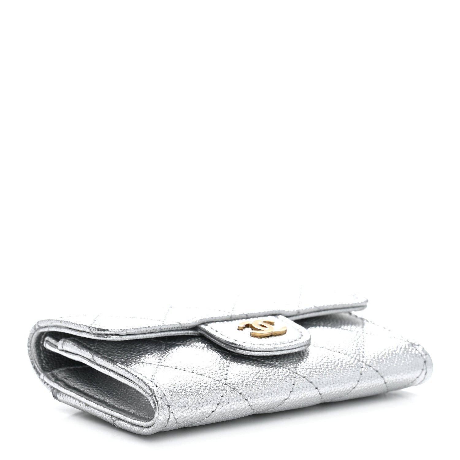 Metallic Caviar Quilted Flap Card Holder Wallet Silvery