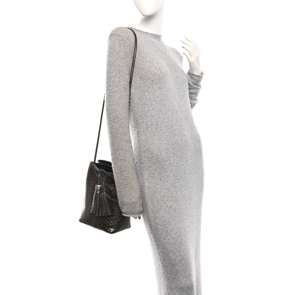 Metallic Snakeskin Small Double Tassel Bucket Bag Silver